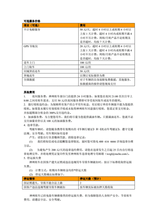 神州租车价格明细表(神州租车价格明细表，详细说明收费标准)