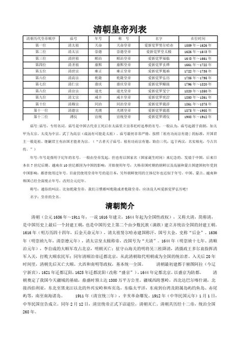清朝皇帝列表(清朝皇帝大全：历代帝王简介及重要事迹)